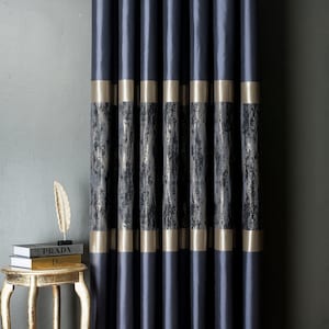 Curtains panel luxury striped patterned gold dark ice blue gray black fabric for bedroom living room custom size drapeMother&#39;s Day Gift