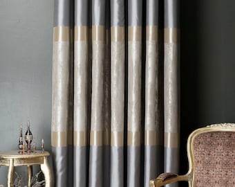 Gray & Gold Striped Curtain Panel, Custom Size Drape