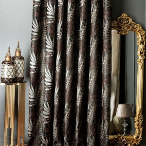 Curtains panel Leaf patterned striped fabric bedroom living room black brown custom luxury size drape,rod curtains,5 different colors !