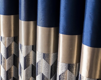 Navy Gold Striped Curtain Panel, Custom Luxury Size