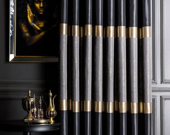 Luxus Vorhang für Schlafzimmer und Wohnzimmer, drapieren Sie nach Maß, schwarz - gold - blau Damast Stoff, Color Block Vorhang, Geschenk für Zuhause