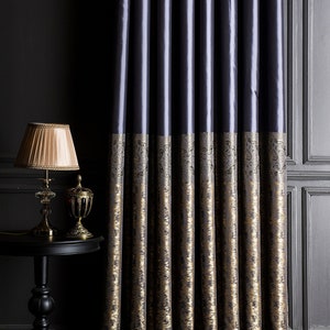 Curtains panel gray ice blue gold damask patterned striped fabric for bedroom livingroom diningroom luxury custom drape