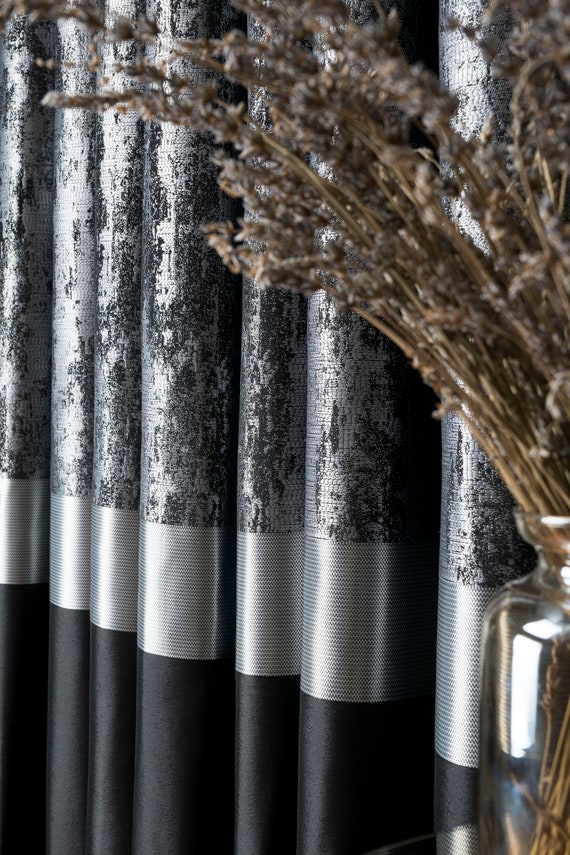 Curtains Panel Luxury Striped Patterned Silver Black Fabric for