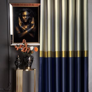 Luxury navy blue gold striped curtains for livingroom & kitchen , modern gray black silver drape for diningroom bedroom , custom size panel