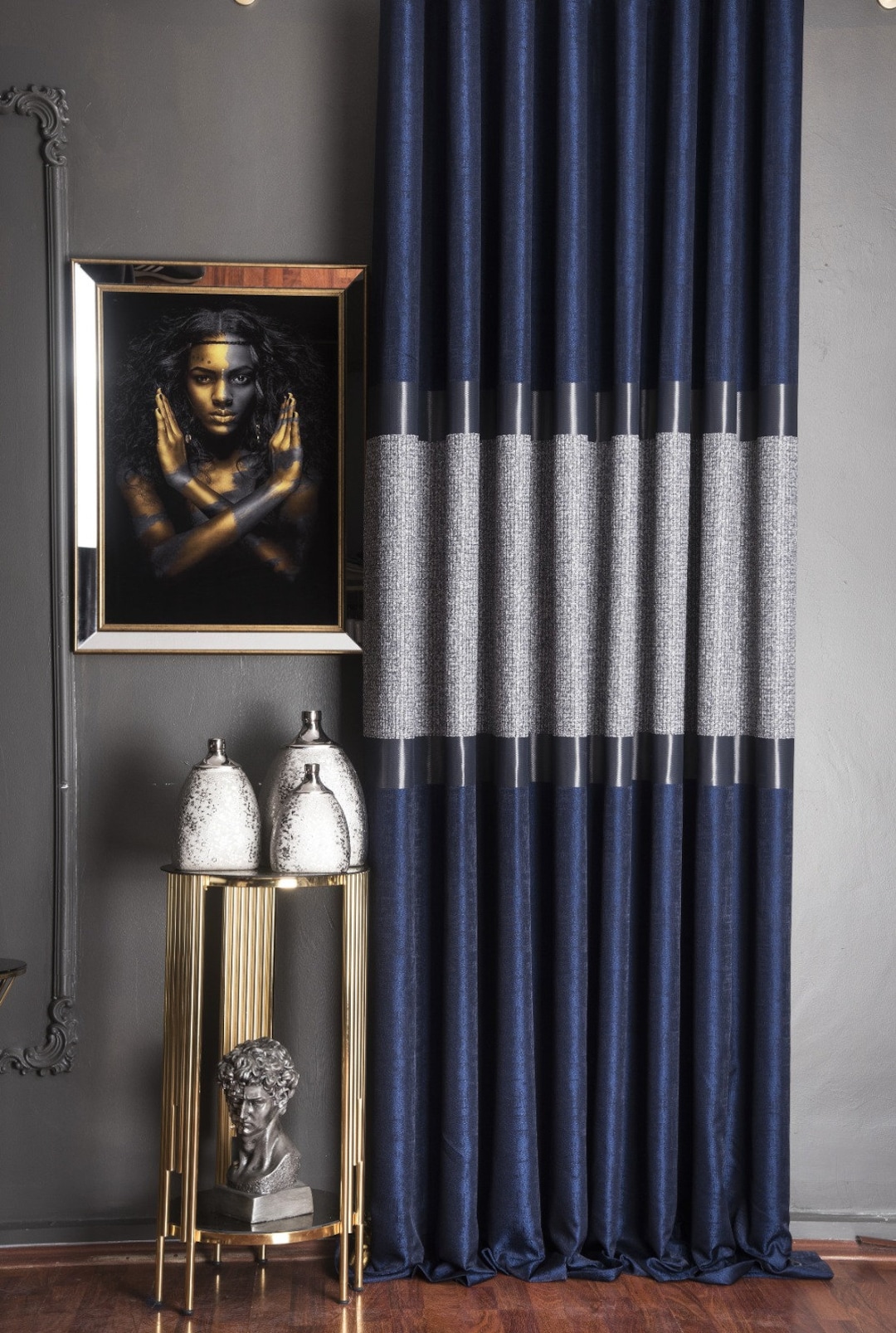 Luxury Navy Blue and Gray Curtains – Textured Elegant Drape Panels for Living Room & Bedroom ...