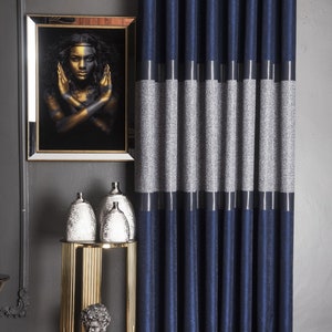 Luxe marineblauwe en grijze gordijnen – elegante gordijnpanelen met textuur voor woonkamer en slaapkamer – aangepast formaat verduisteringsoptie beschikbaar