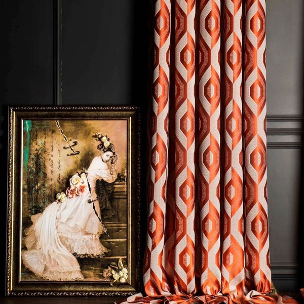 Luxury orange beige navy patterned curtains livingroom bedroom diningroom Modern orange custom size striped drape home farm house office