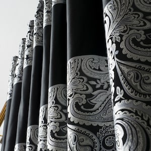 Panel de cortinas con estampado de Damasco, tela a rayas, dormitorio, sala de estar, negro y plateado, tamaño de lujo personalizado, regalo para el Día de la madre