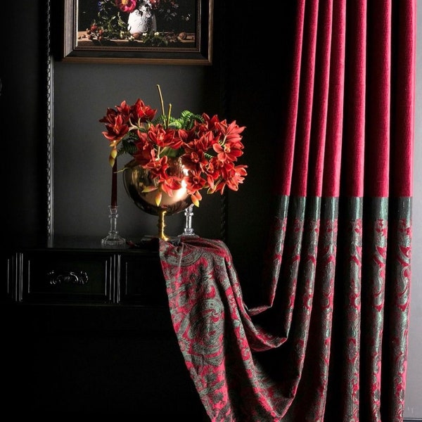 Luxury burgundy red green chenille curtains for livingroom bedroom , modern damask patterned striped custom size drape for home