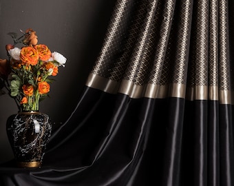 Schwarz, Grau, Gold Vorhang, Damast gemusterten Vorhang, Luxus drapieren für Schlafzimmer und Wohnzimmer, Farbblock Vorhang, Wohnkultur Stoff, Geschenk für Zuhause