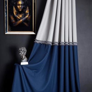 Boho Curtains for Livingroom, Luxury Navy and Gray Color Curtains, Custom Size Drapes,Tassel Curtain Panel, Extra Long Curtain for Home