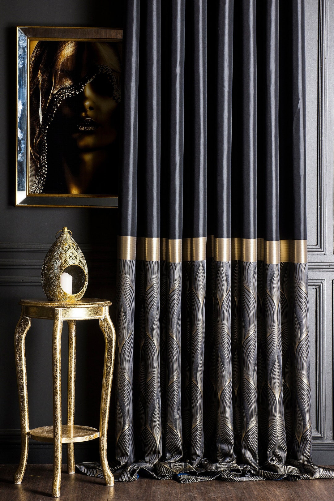 Black Gold Curtains for Bedroom and Livingroom,curtains Panel,striped