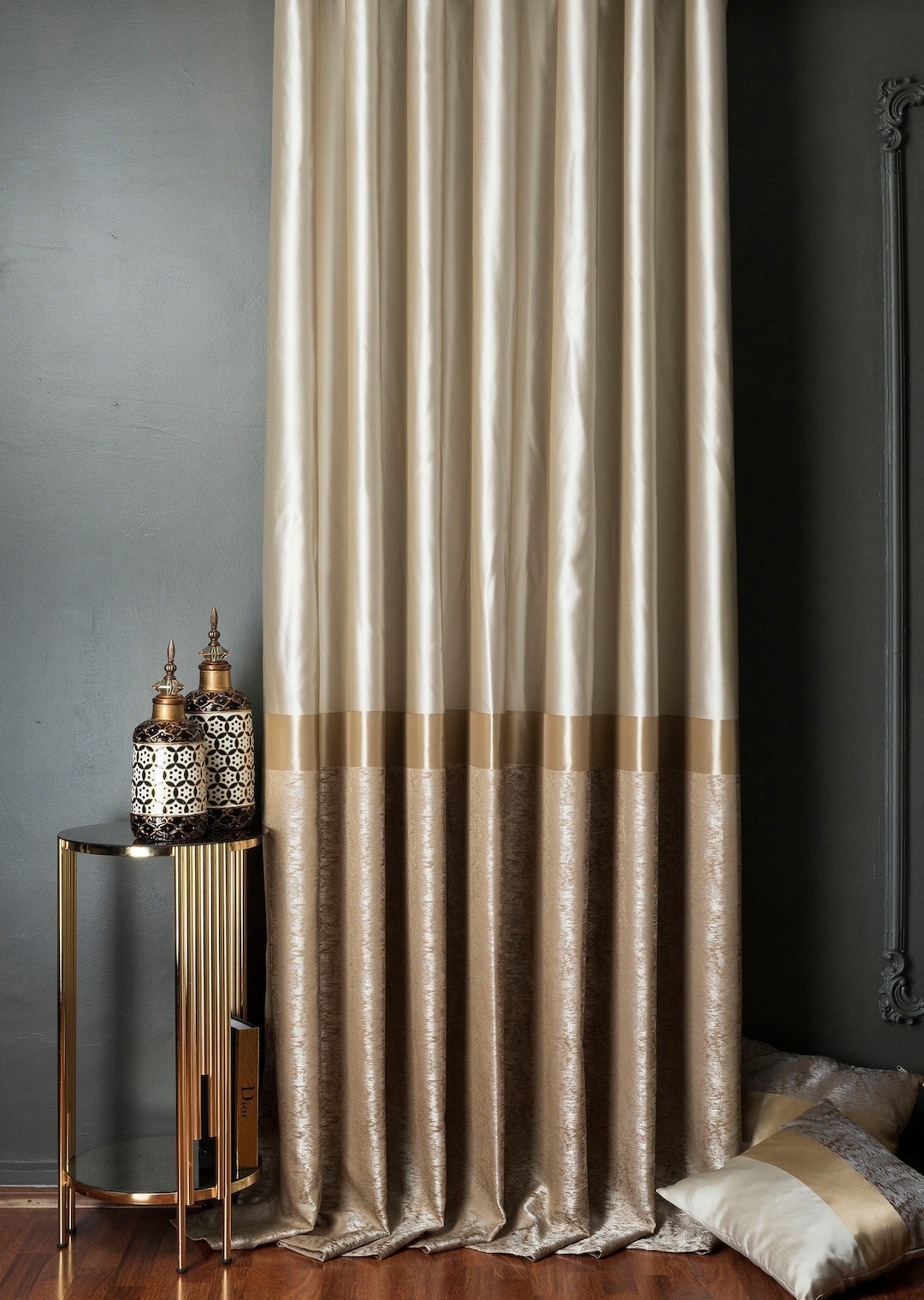Curtains Panel Luxury Striped Patterned Cream Gold Gray Black Brown