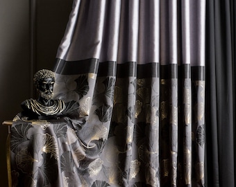 Striped Curtain Panel, Black Gray Gold Leaf Drapes, Custom Size