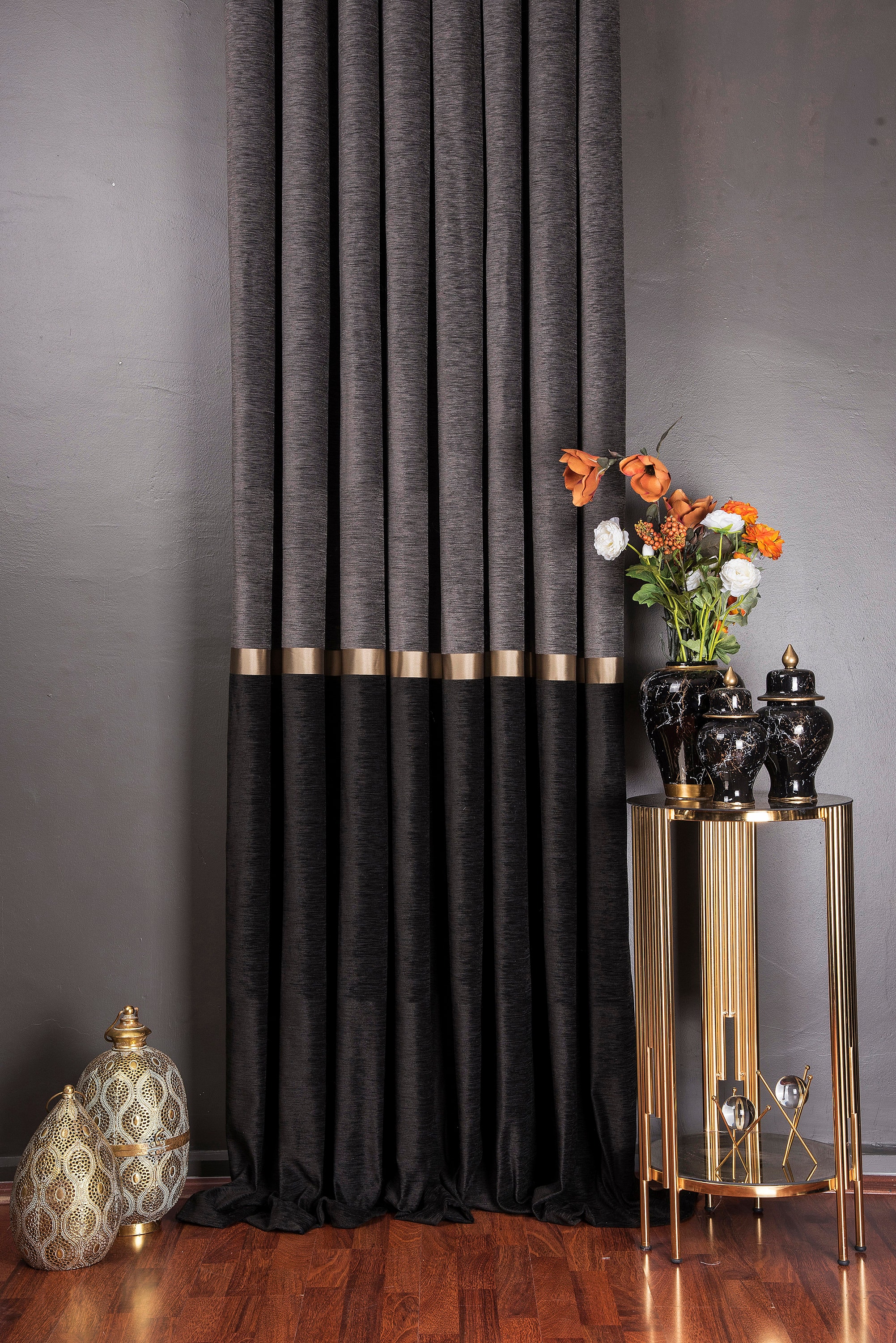 Luxury dark gray gold black chenille curtains for livingroom bedroom diningroom , modern custom size drape for homeMother's Day Gift