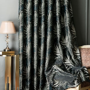 Curtains panel Leaf patterned striped fabric bedroom living room black green custom luxury size drape,rod curtains,5 different colors !