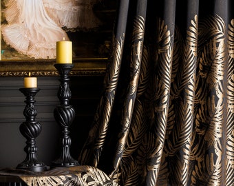 Leaf Pattern Curtain Panel - Black & Gold Drapes, Custom Size