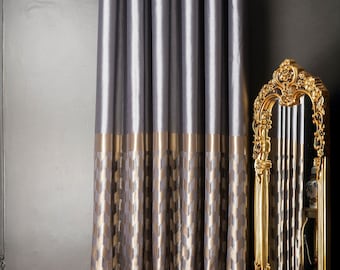 Gray & Gold Patterned Curtain Panel, Custom Luxury Drape
