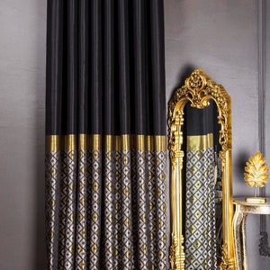 Curtains panel damask patterned striped fabric bedroom living room gold black custom luxury size drapeMother's Day Gift