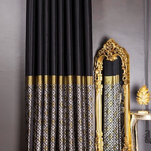 Curtains panel damask patterned striped fabric bedroom living room gold black custom luxury size drapeMother's Day Gift