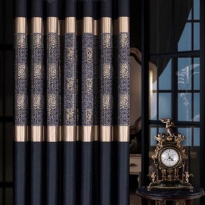 Ultra lux black gold striped patterned curtains for livingroom bedroom , Art deco gray navy dark gray gold custom size drape for home