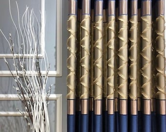 Luxury navy blue rose gold curtains for livingroom bedroom , modern custom size navy gold drape for home , art deco curtains