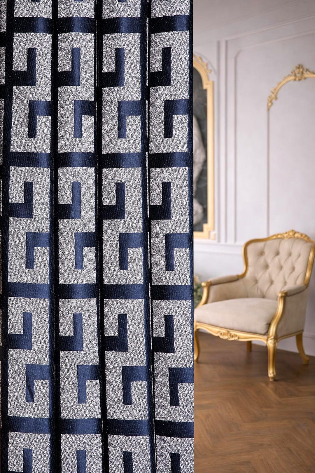 Luxury Navy Geometric Curtains, Textured Modern Pattern Drapes for ...
