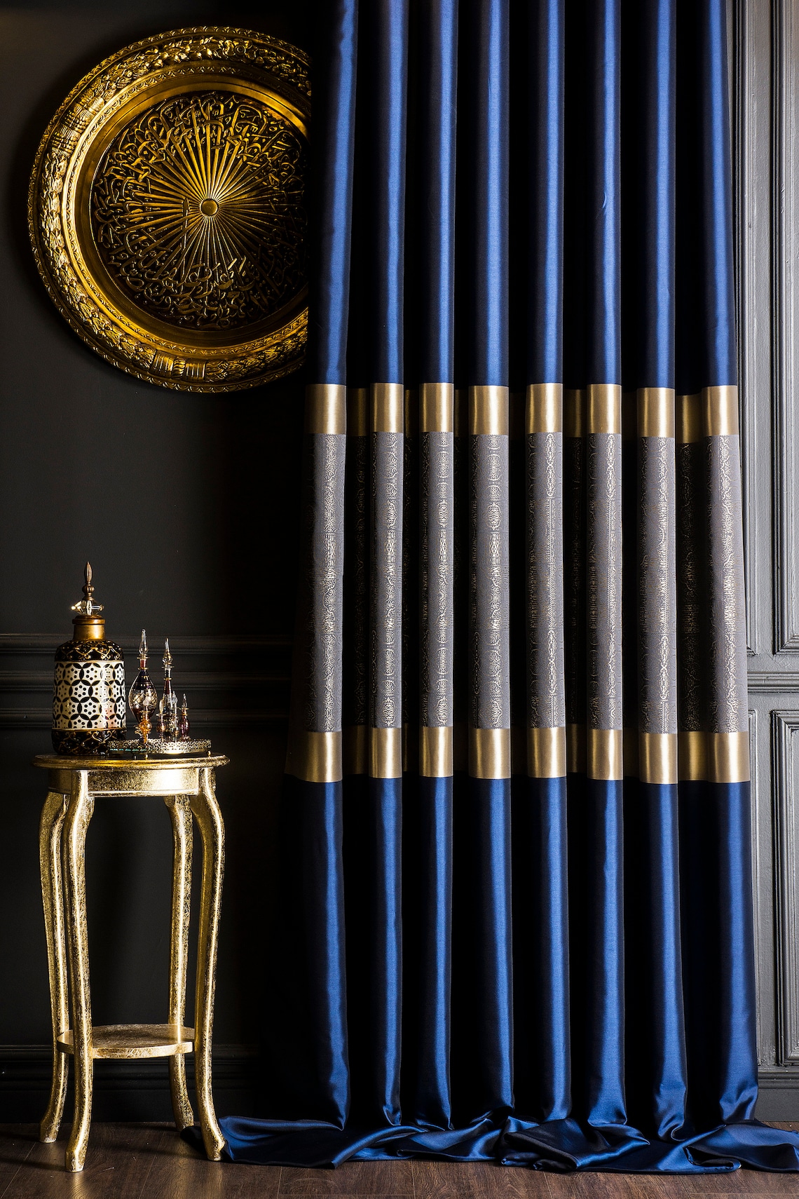 Blue Gold Striped Curtainsluxury Damask Curtainspatterned Etsy