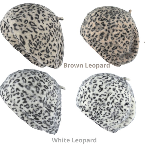Bonnet béret angora, béret de style vintage des années 1920, béret angora pour femme, béret léopard blanc pour femme, béret léopard marron
