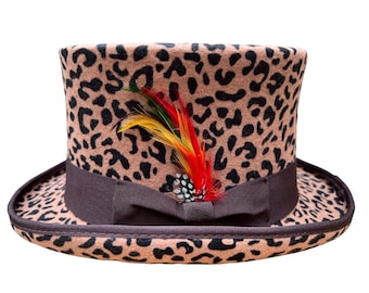 Roar in Style Leopard Wool Felt Top Hat, Unleash Your Wild Side Leopard Wool Felt Top Hat, Roaring Fashion Leopard Print Wool Felt Top Hat