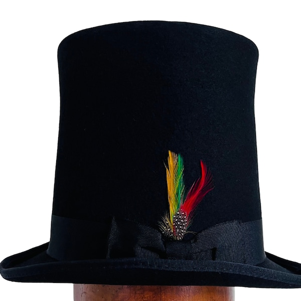 Sombrero de copa extra alto de fieltro de lana con pluma y cinta - Sombrero elegante para bodas y ocasiones especiales de hombres y mujeres