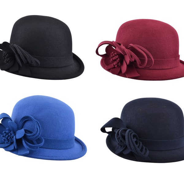 Cappello a cloche in feltro di lana: stile vintage da donna anni '50 -'60, 100% lana, cappello a cloche a fiori con cintura con cinturino a fiori vintage