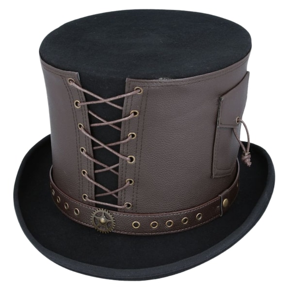 Steampunk Top Hat With Laced Brown Leather Look Band Black-Brown Stylish Men Women Fashionable