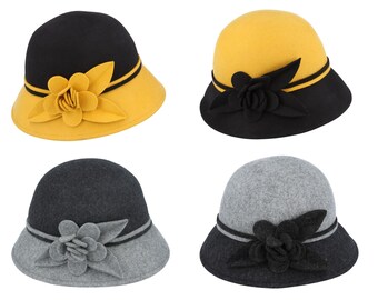 Women 1950's 1960's Vintage Style Cloche Hat: Classic Two Tone Design, Wool Felt Flower Accent, 100% Wool for Women, Rainproof Cloche Hat