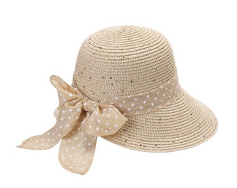 Stylish and Protective: Ladies Crushable Straw Sun Hats with Bow - Women's Split Brim Summer Cloche Hat for Sun Protection, Cloth Band Bow