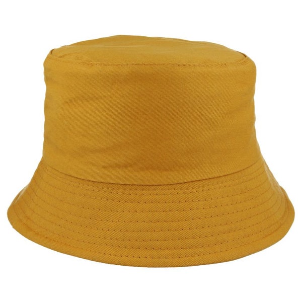 Stay trendy and vibrant with the plain blank cotton bucket hat in mustard: a stylish and versatile headwear choice for a pop of color