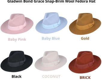 Gladwin Bond Grace Snap Brim Wool Fedora Hat, Hard Fedora Hat, Unisex Fedora Hat, 100%Wool Fedora Hat, Classic Style Fedora Hat, Ribbon Trim