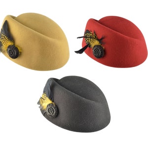 Wool Felt Vintage Cloche Hat: Women's Stylish Hat with Feather Accent, Rainproof and Adjustable Design, Available in Mustard, Black, Wine