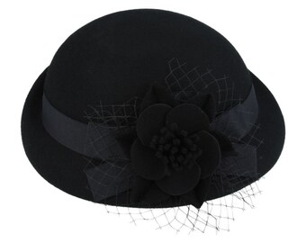 Ladies Vintage Wool Cloche Hat with Flower & Mesh Yarn | 1920s Vintage 100% Wool - Gift for Her | Women's Vintage Inspired Cloche Hat