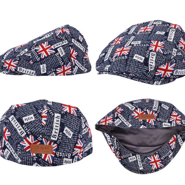 Charm britannique : casquette plate pour hommes avec imprimé Union Jack - Style gavroche classique 100 % coton en bleu frappant