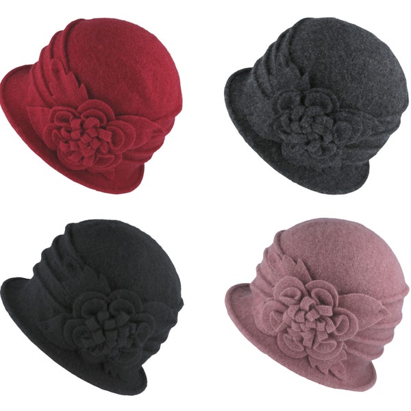 Chapeau cloche vintage en feutre de laine pour femme : style chic années 20 pour femme avec noeud en fourrure, grosses fleurs, design classique indéformable et résistant à la pluie