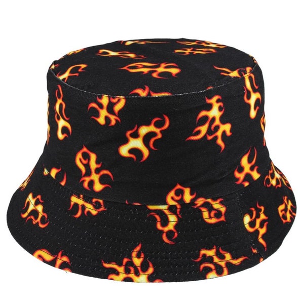 Set your style on fire with the flame pattern summer cotton bucket hat - black: a bold and trendy headwear choice for summer adventures