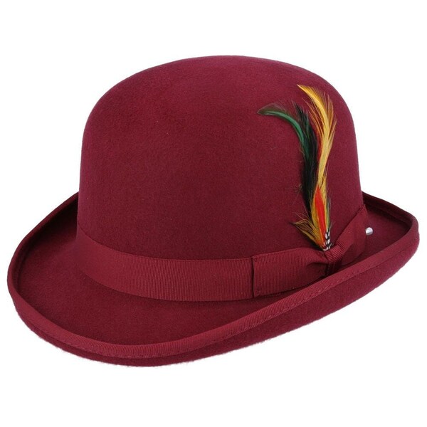 Wine Bowler Hat | Classic Wool Hard Felt, 100% Wool - The COKE Hat | Derby Hat | Formal Dress with Removable Feather