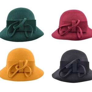 Wool Felt Cloche Hat: Ladies Chic Vintage Style with Big Bow, Adjustable Strap Belt, Crushable and Rainproof, Black,Mustard,Red, and Green