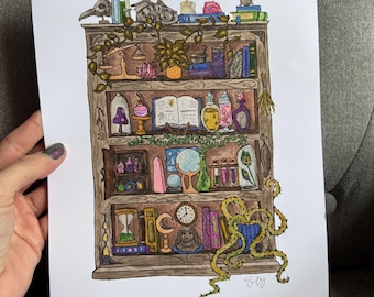 May include: A hand-drawn illustration of a wooden bookshelf filled with various magical objects, including books, potions, crystals, and a skull. The bookshelf is decorated with vines and a small plant. The illustration is done in a whimsical style with a variety of colours.