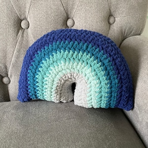 Crochet Rainbow Pillow - Sea Glass Blue Ombre Cushion Stuffy Stuffie Toy