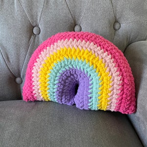 Crochet Rainbow Pillow - Bright Punky Pink Cushion Stuffy Stuffie Toy