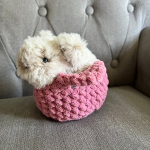 May include: A plush bunny rabbit in a pink crocheted basket. The bunny is white with brown eyes and is curled up inside the basket.