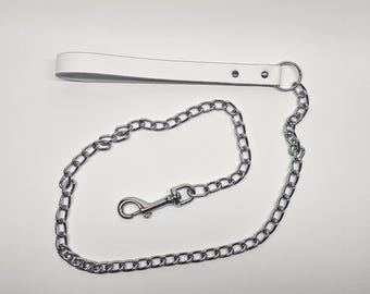 White Full Grain Leather Leash With Stainless Steel Chain