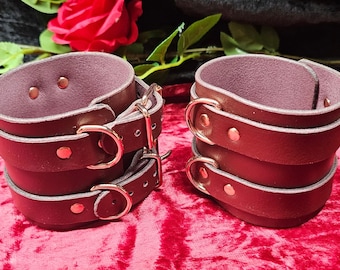 Oxblood Full Grain Leather Hand Cuffs With Rose Gold Hardware